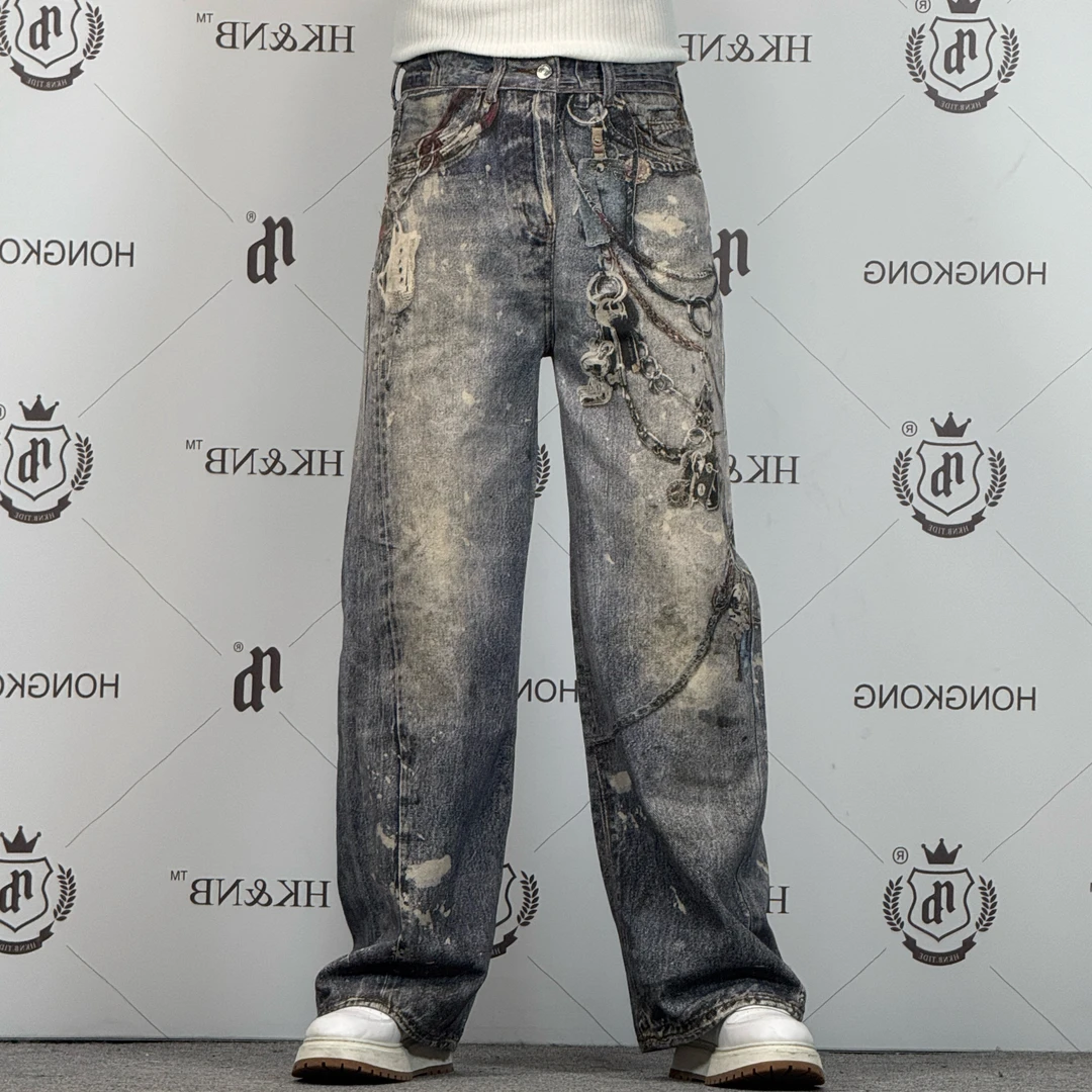 HK&NB x 行走的艺术家 夏高街经典做旧复古个性3D数码印花牛仔裤