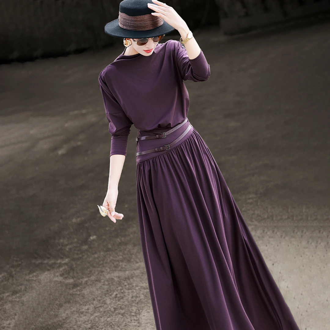 兰瑟儿秋季裙子新款气质法式褶皱腰带收腰长款连衣裙女105QL3460