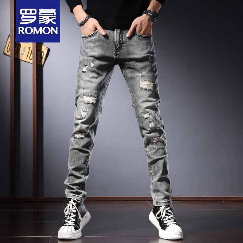罗蒙秋季灰色牛仔裤男潮牌修身破洞补丁乞丐裤子韩版水洗小脚长裤