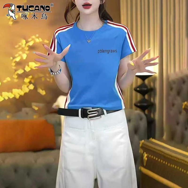 啄木鸟棉短袖女t恤2025夏季新款爆款美式拼接上衣时尚遮肉显瘦