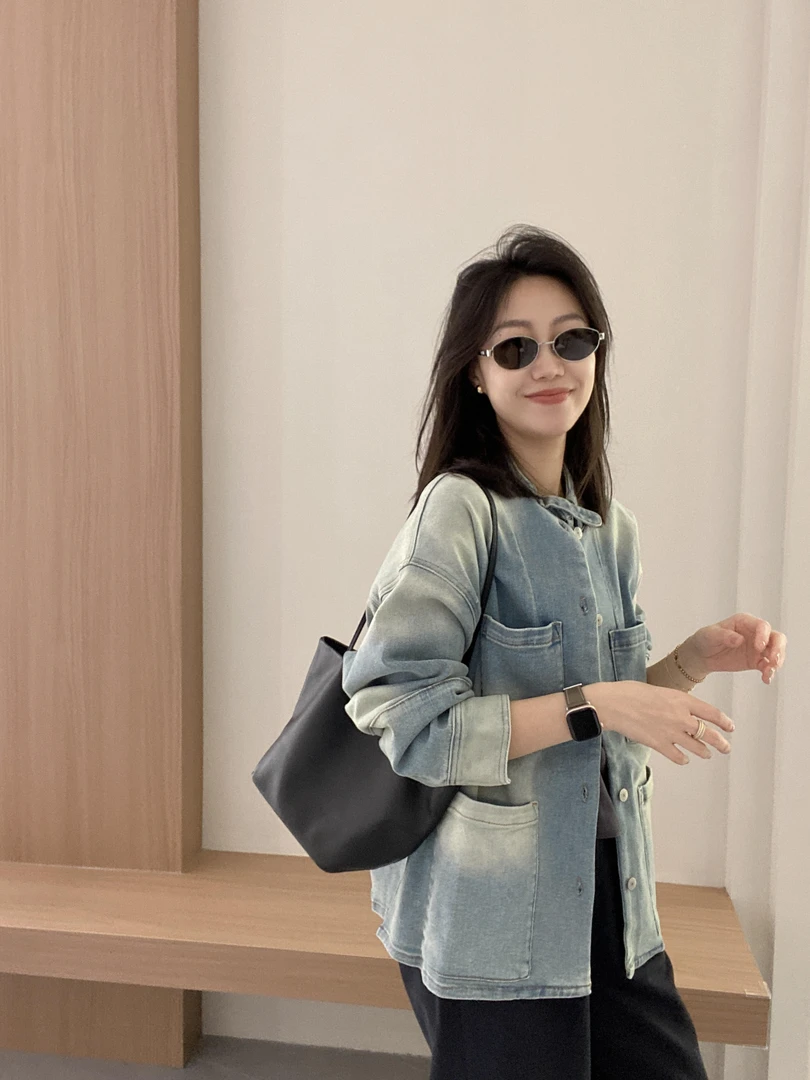 2025秋季新款复古水洗牛仔外套女=设计感夹克翻领上衣百搭休闲裤