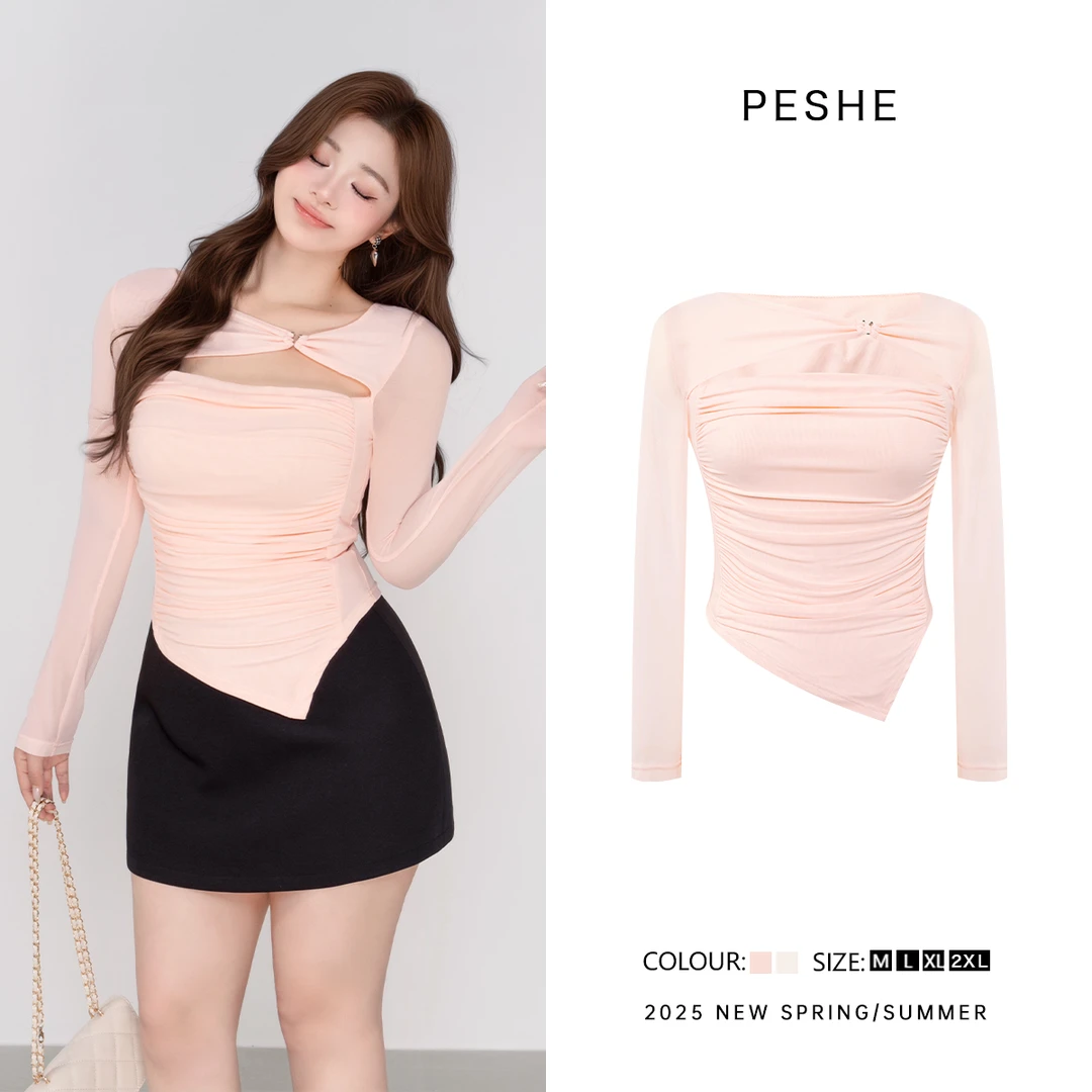 【闭店清仓】【辣妹镂空】2025早春新品褶皱修身显瘦T恤女DM1244