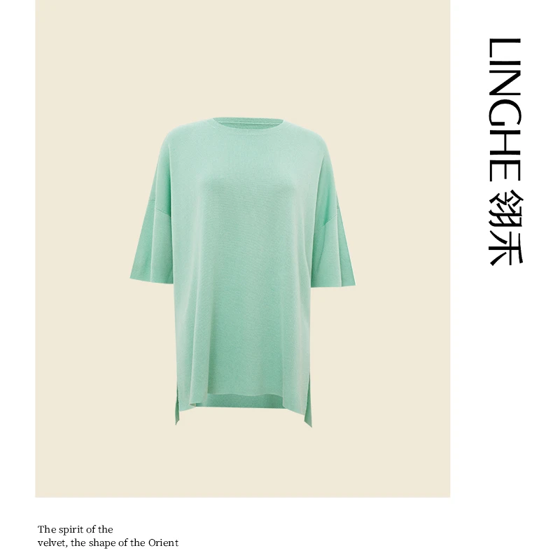翎禾LINGHE-「晚塘」真丝圆领T恤纯色中袖百搭舒适