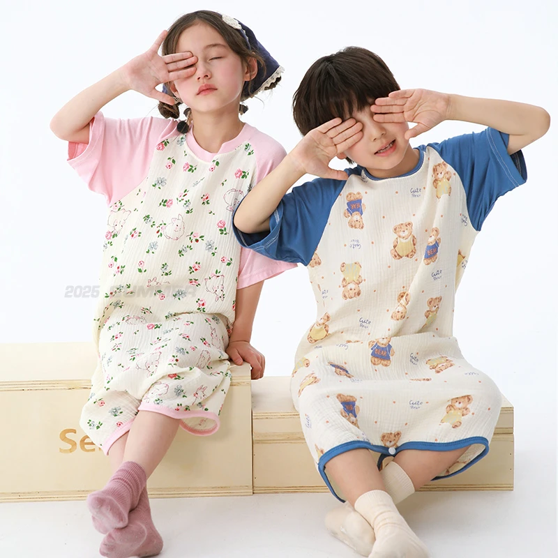 儿童连体睡衣家居服春夏季薄款男童套装女童宝宝纯棉空调服睡衣