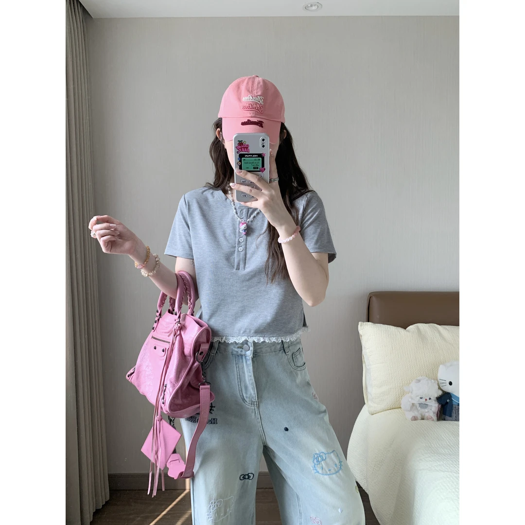 小沈美眉 miu系少女感 蕾丝边正肩短袖T恤夏季显瘦短款上衣女