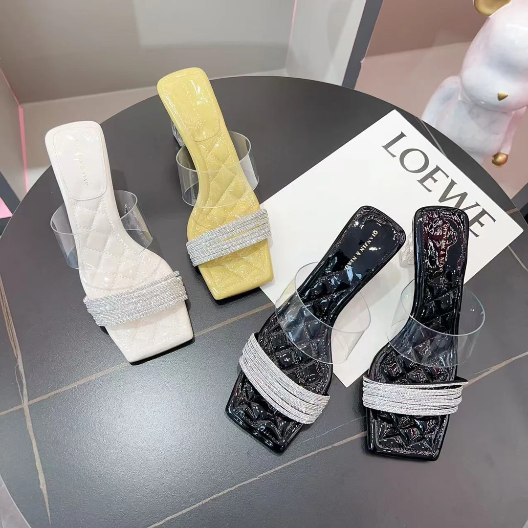 2025夏季新款透明一字带水钻凉拖女方头高跟时尚外穿065591-2