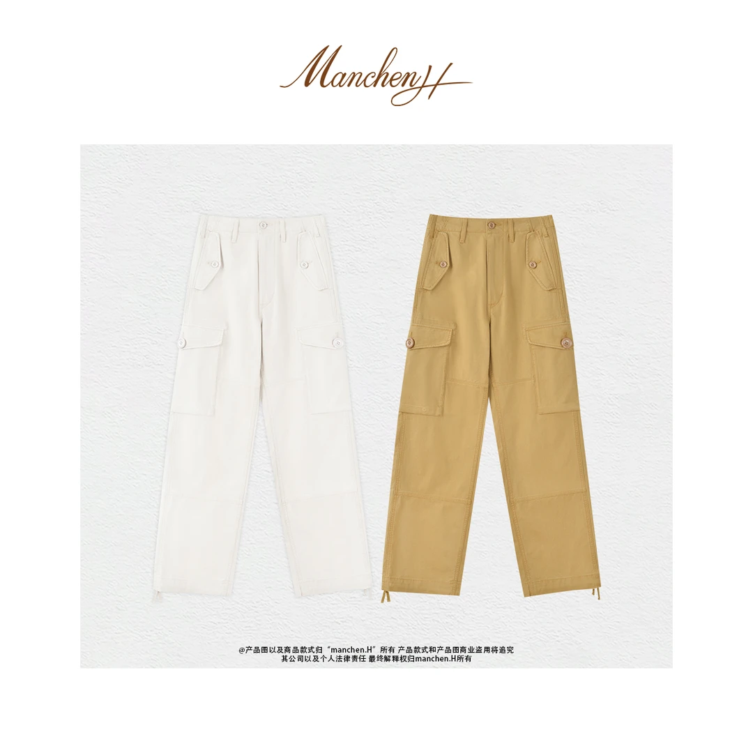 曼辰manchenh"法棍工装"品牌单华夫细格纹工装直筒裤