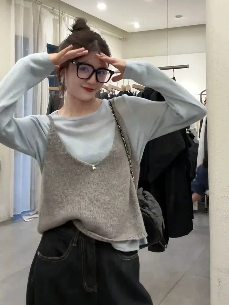 【运补6】秋季韩剧穿搭套装女别致设计感叠穿针织衫吊带背心两件套