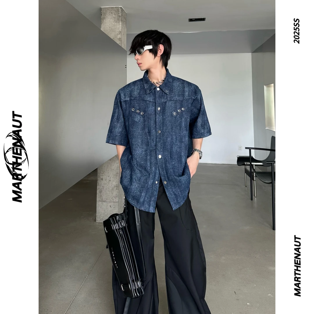 MARTHENAUT小众设计感原透气垫肩牛仔衬衫做旧水洗薄款短袖T恤