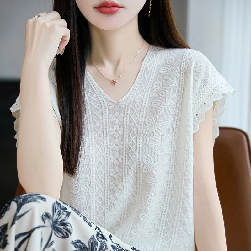 品牌夏季女装V领蕾丝花边拼接纯色短袖T设计感针织衫新款百搭上衣