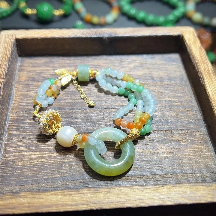 翡翠手串银S925镀金镶嵌翡翠手串