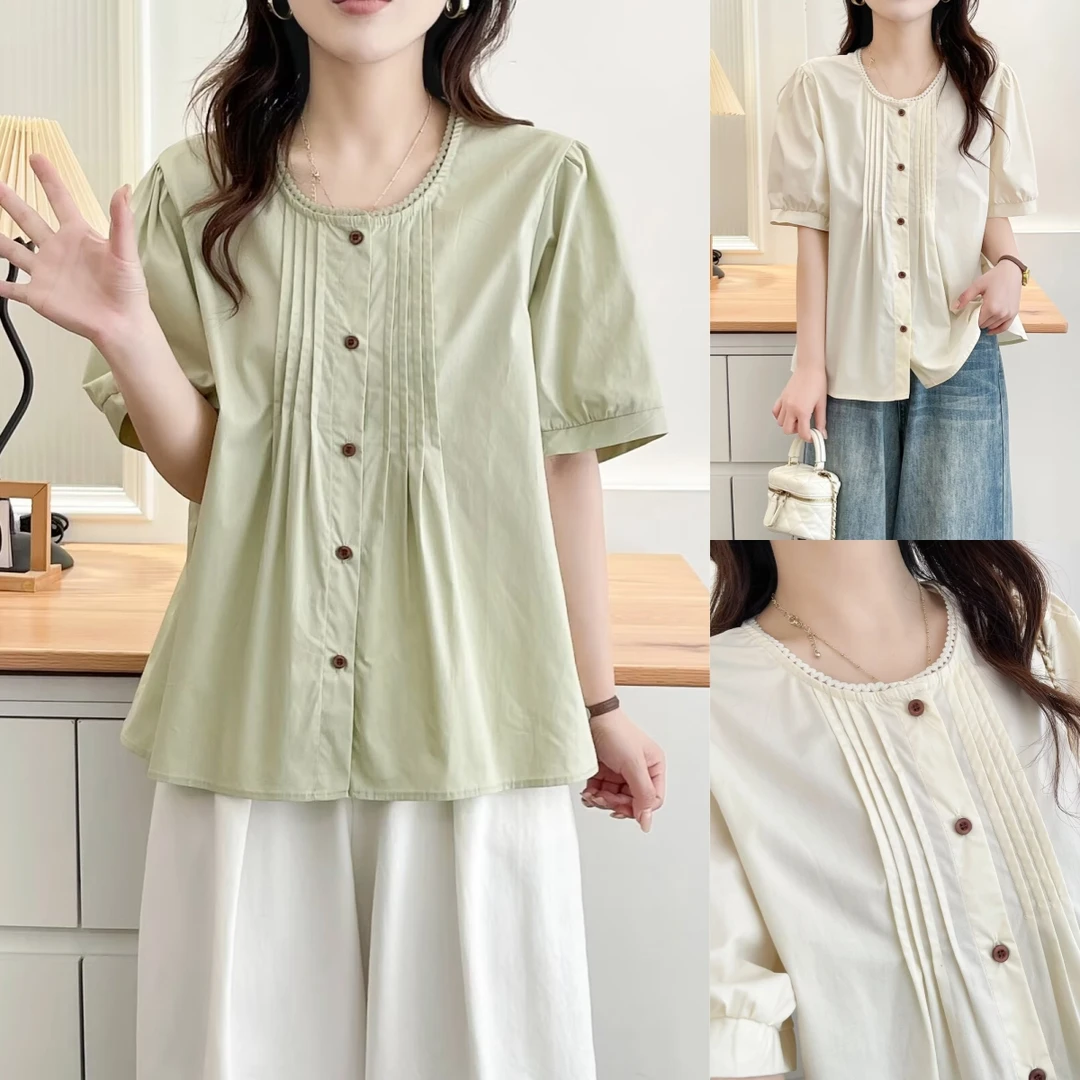 甜美娃娃衫遮肚夏学院风大板型加宽加大微胖大码女装短袖衬衫衬衣