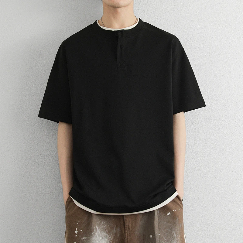 两粒扣男士短袖T恤夏季新款假两件莫代尔纯棉T恤半袖亨利领上衣