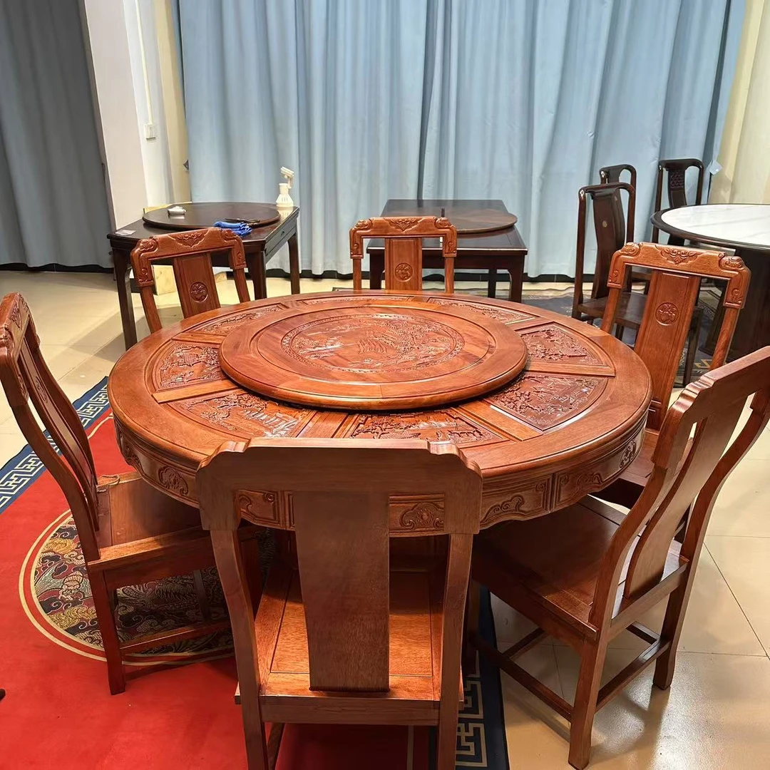 全实木格木雕花圆桌全实木家用饭桌古典圆形简约客厅高档餐厅餐桌