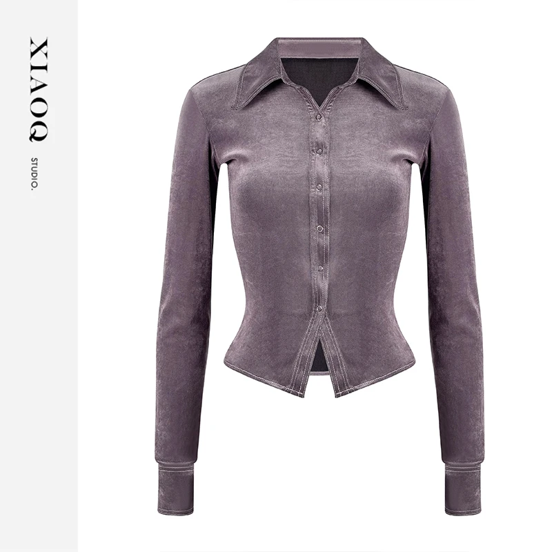 XIAOQ「韩韩金秘书」丝绒翻领长袖衬衫修身剪裁上衣撩人女装67841T