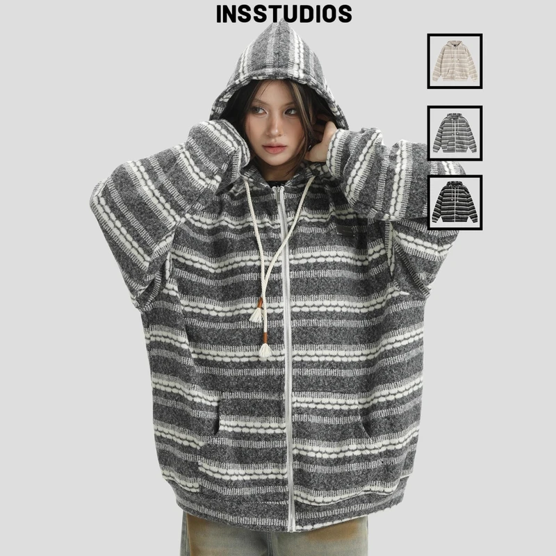 INSstudios国潮牌情侣美式磨毛编织条纹针织衫卫衣宽松拉链外套
