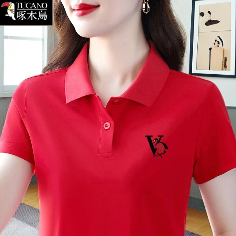 啄木鸟正品中年女装减龄夏季短袖t恤2025年新款纽扣翻领拼接上衣
