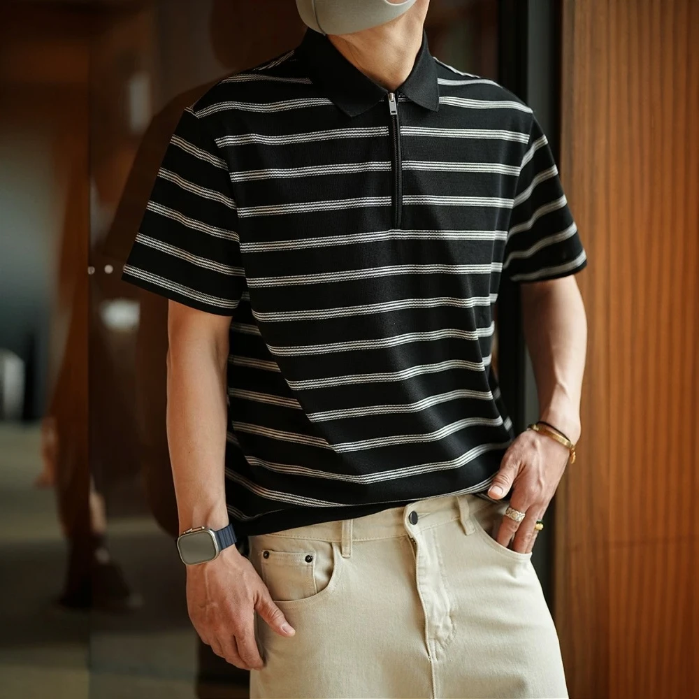 日系复古条纹拼接撞色半拉链Polo衫男夏季父亲节礼品透气短袖t恤