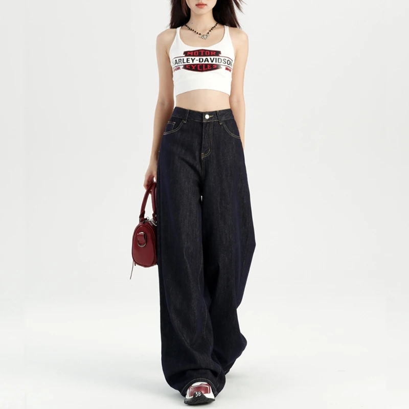深蓝美式宽松阔腿牛仔裤女2025夏季垂感慵懒休闲拖地直筒裤天丝薄