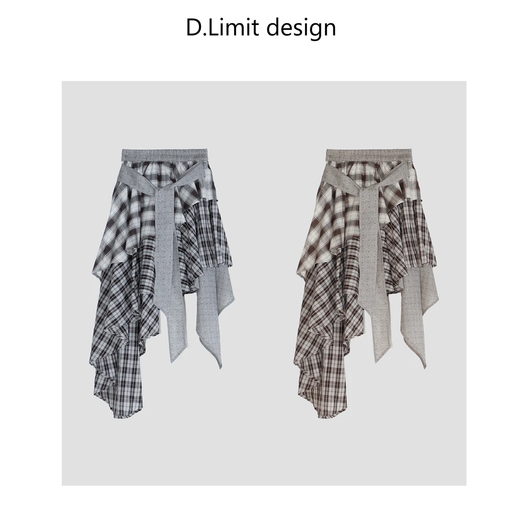 【D.Limit design】时尚不规则复古格纹拼接绑带半身裙DLSDD2640