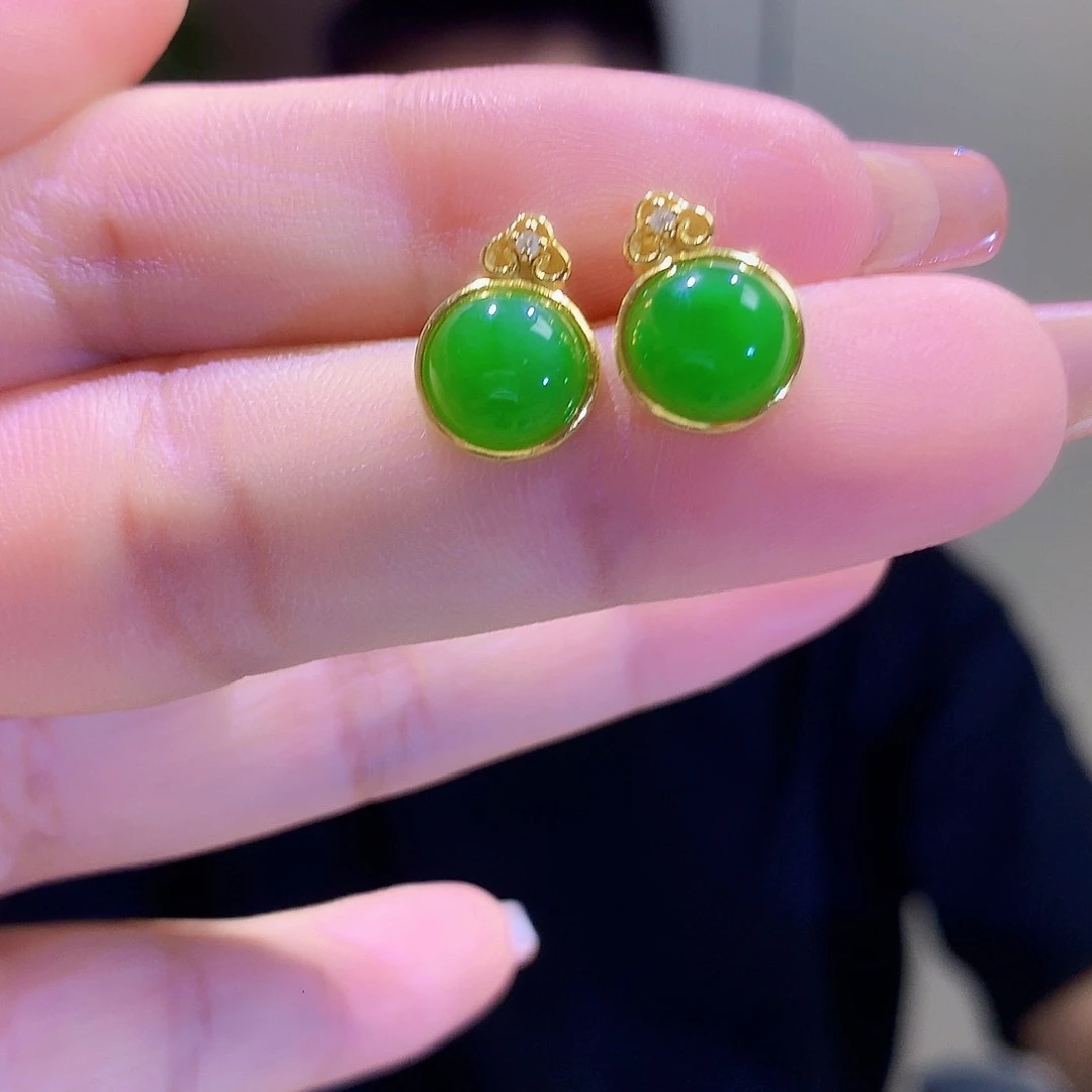 和田玉（碧玉）银S925镀金镶嵌耳饰