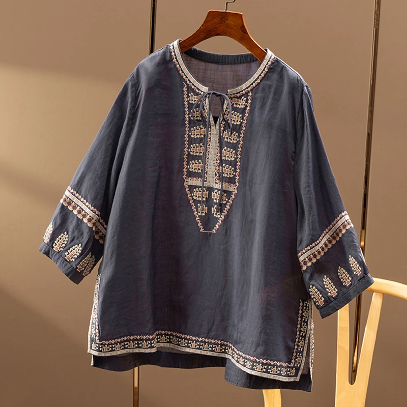 欧标苎麻 法G复古民族风刺绣宽松圆领七分袖衬衫春天家女58A0