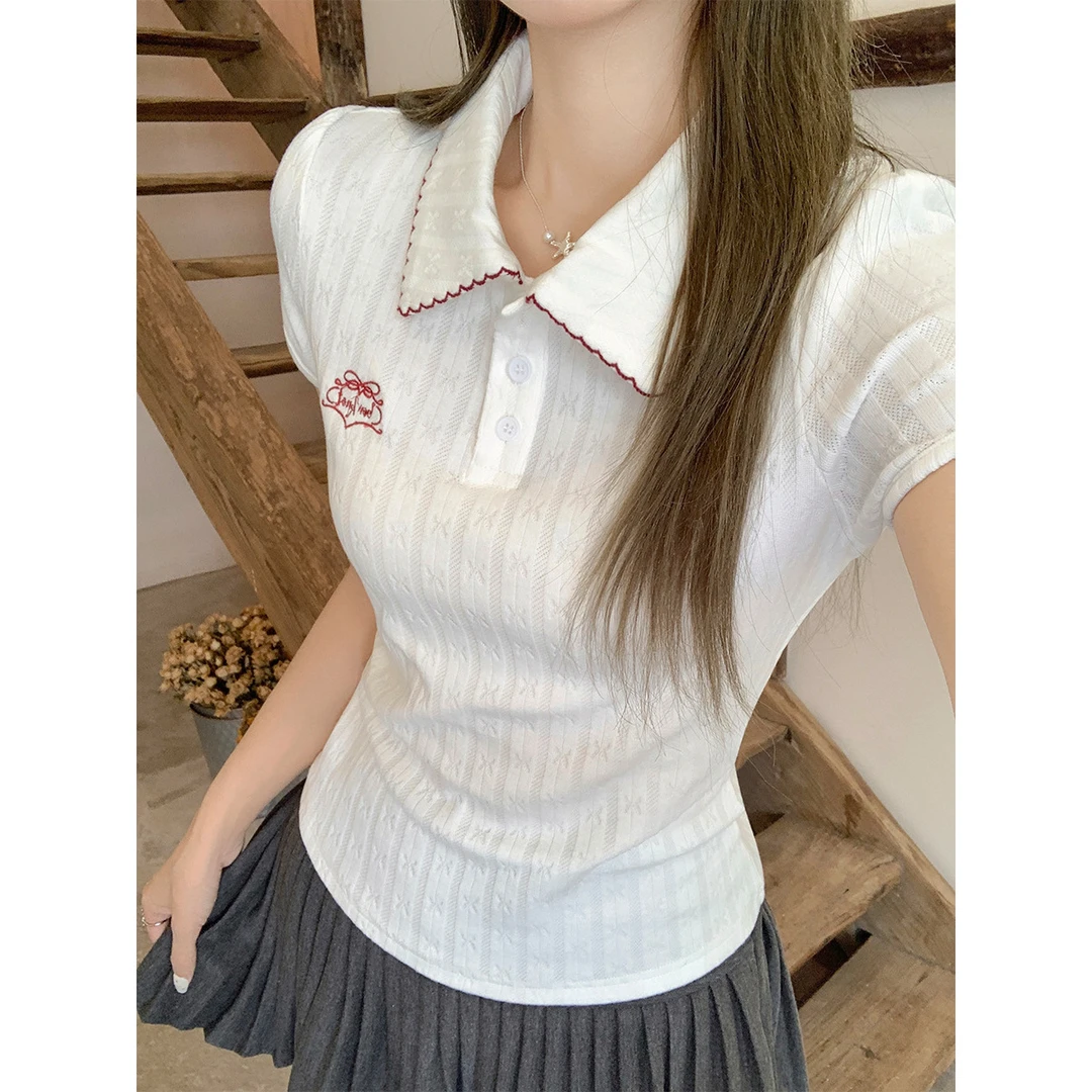 美式学院风紧身短款显瘦短袖女独特POLO领正肩T恤夏季甜辣妹穿搭