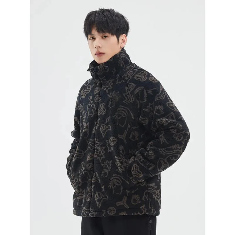 原单高货男女满印羊羔绒保暖加厚立领夹克冬季满印印花外套9999