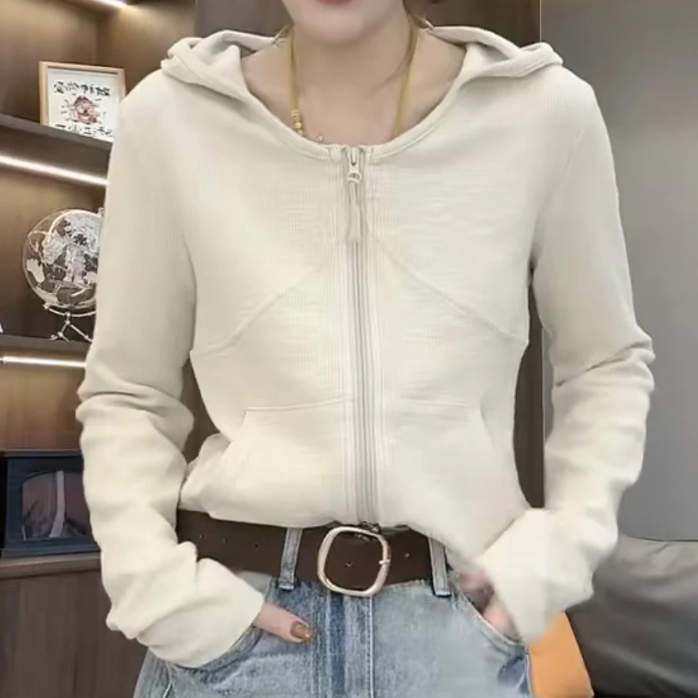 拉链秋季宽松型百搭纯色连帽卫衣运动网红长袖短款5241