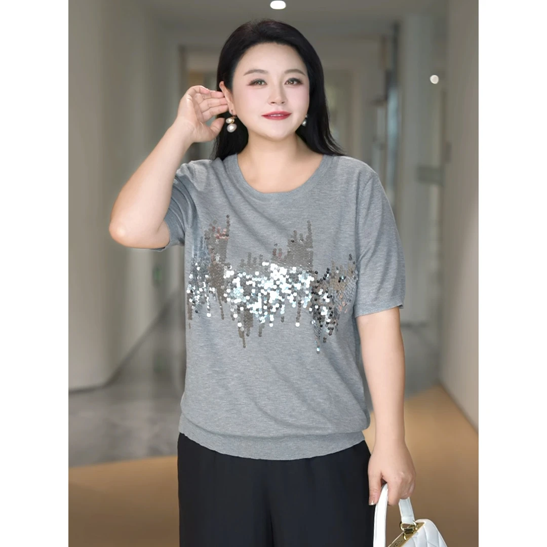 MsShe大码女装2025新款时尚气质重工亮片短袖上衣T~B2507037
