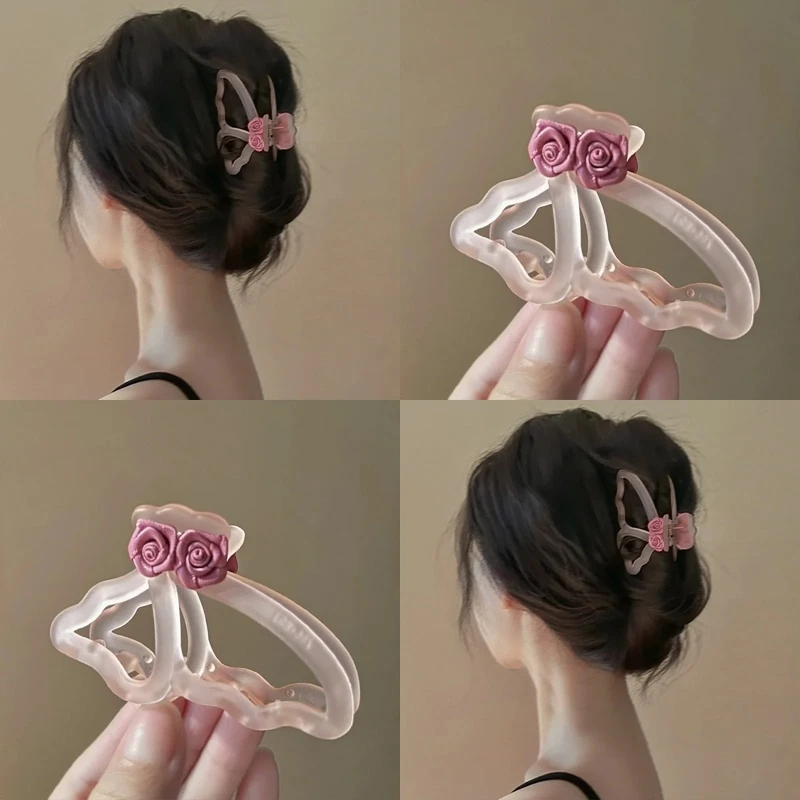 新款夹子鲨鱼日韩发卡亚克力镂空玫瑰风女性发饰镀甜美夹花朵仙气