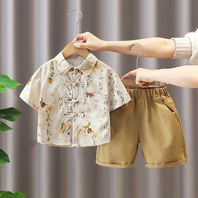 【三件套】儿童国风衬衫现货套装2025新款男童夏季纯棉短袖三件套