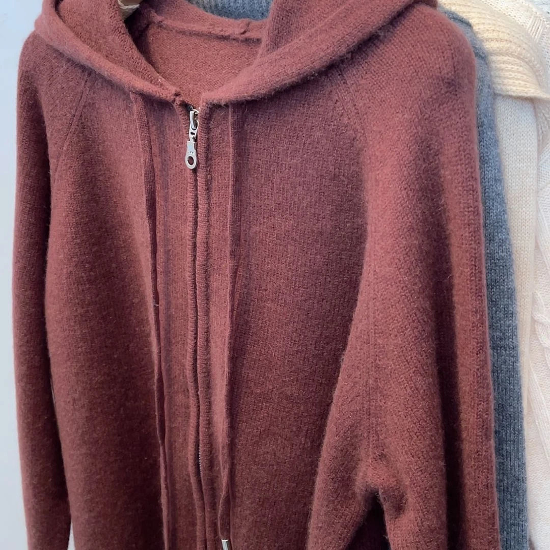 平面连帽拉链羊绒开衫