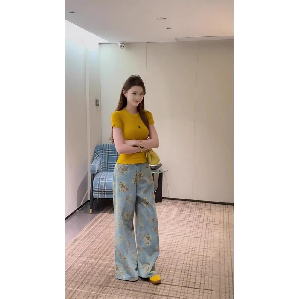 韩系花朵印花阔腿牛仔裤女夏季新款设计感小众百搭宽松显瘦直筒裤