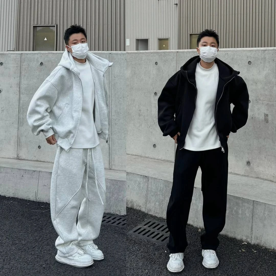 简约美式重磅连帽卫衣开衫男潮流阔版系带休闲裤宽松两件休闲套装