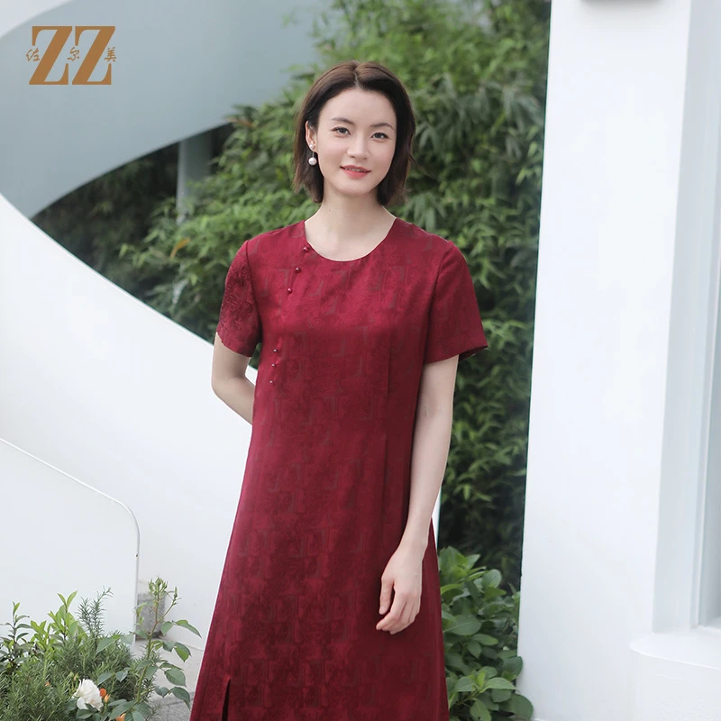 佐尔美夏季新款国风优雅气质圆领桑蚕丝中长连衣裙裙子女E32LS34