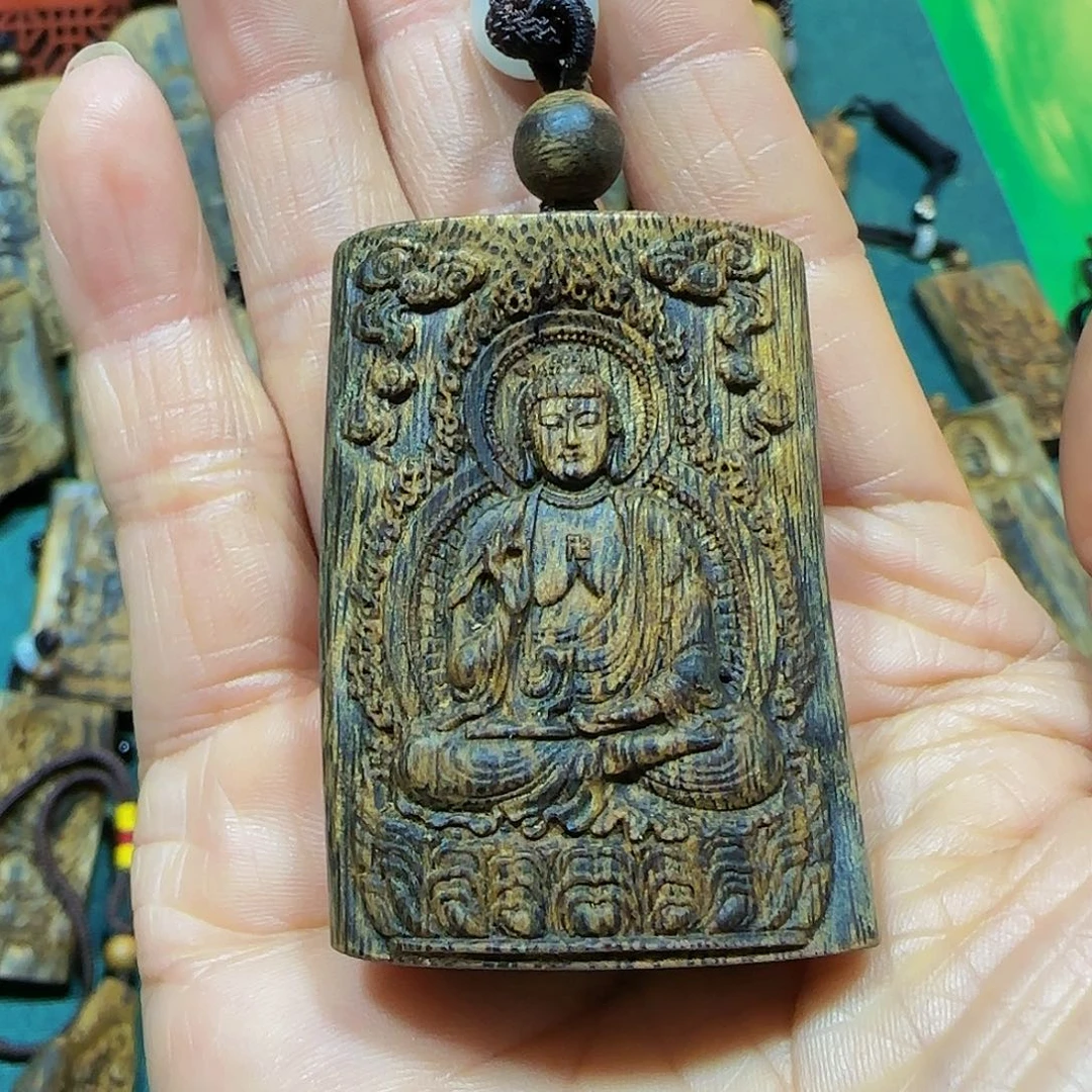 沉香吊坠海南白奇乌身老料雕刻阿弥陀佛23.9克带绳