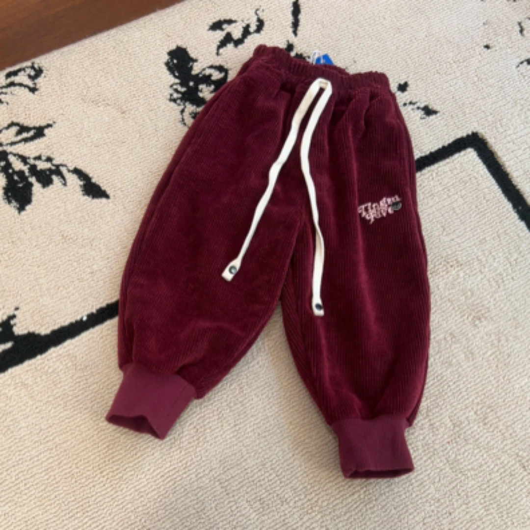 【编号Q216】63327-15-儿童刺绣字母黑扣条绒裤酒红色-ZZA