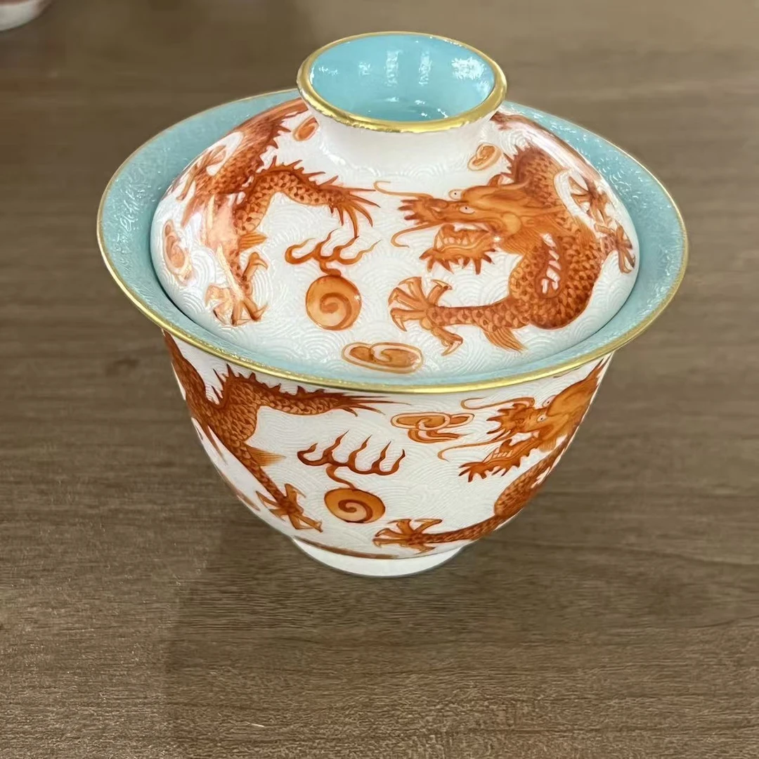 【古法柴窑】古窑御器扒花矾红龙纹二才盖碗