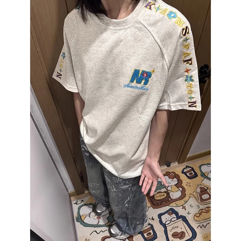 美式高街字母花卉刺绣短袖t恤男夏季新款国潮重工宽松纯棉情侣T恤