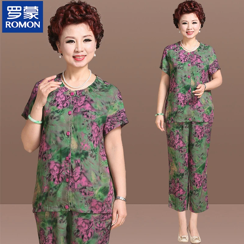 罗蒙妈妈夏季中老年人造棉绸套装女夏装可外穿70-80岁老太太衣服