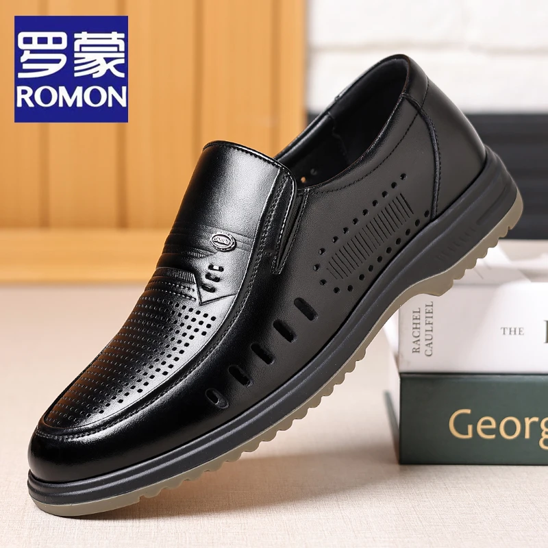 Romon/罗蒙2025夏季新款商务正装皮鞋男镂空透气英伦套脚爸爸男鞋