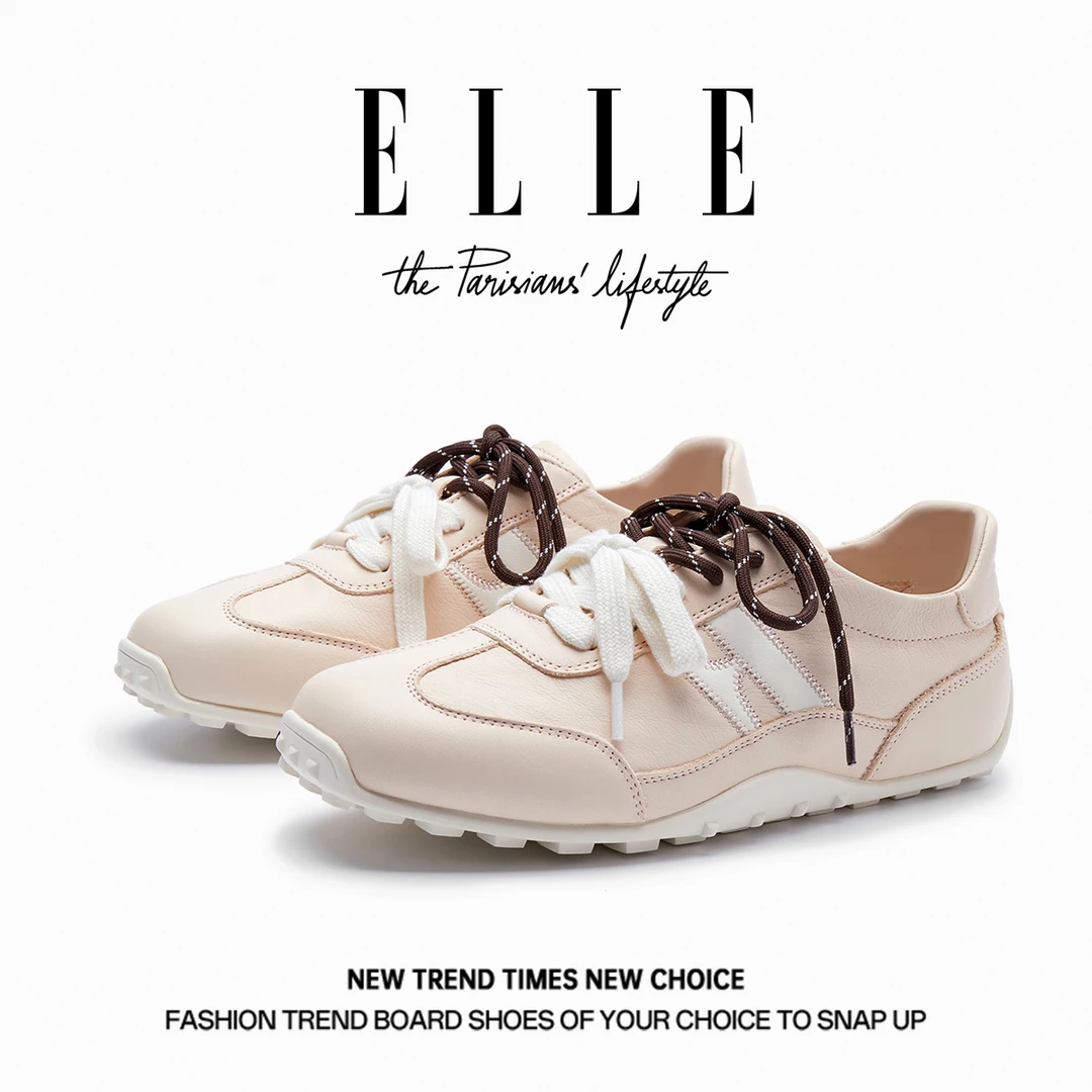 ELLE粉色芭蕾风德训鞋女2025新款配裙子透气平底复古运动孕妇鞋子