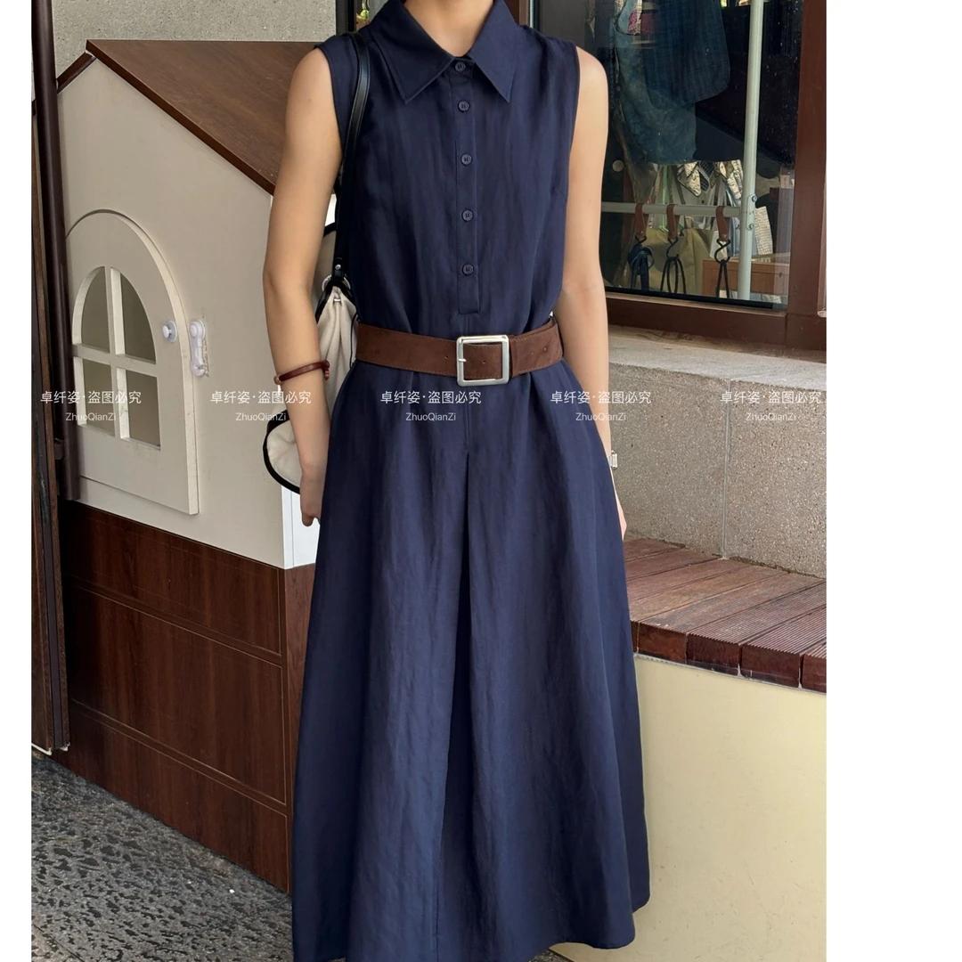 【卓纤姿】2025夏季新款高级感复古时尚衬衫领腰带长款连衣裙#2180