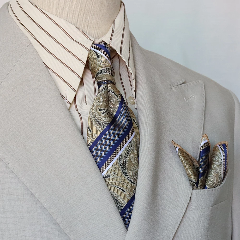 男士领带意式复古香槟色英伦条纹结婚新郎商务正装绅装手打高级感