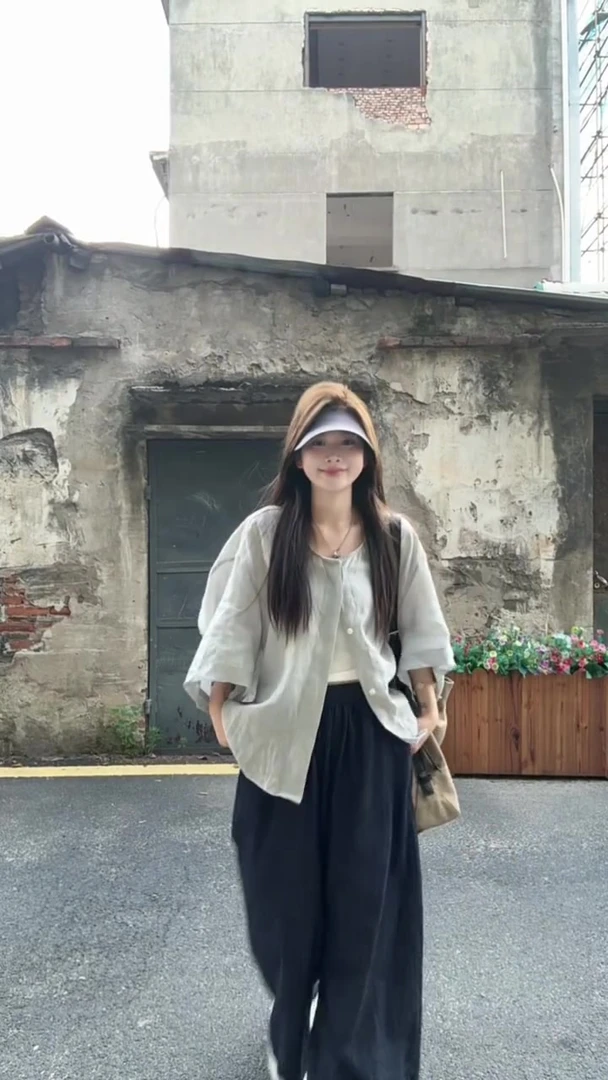 2025夏季新款韩系穿搭慵懒风圆领衬衫上衣搭配花边阔腿裤两件套女