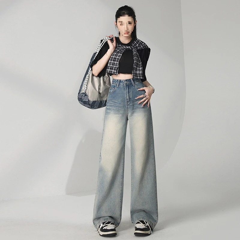 微弹美式复古高腰重工水洗阔腿牛仔裤女宽松显瘦阔腿裤拖地裤子女