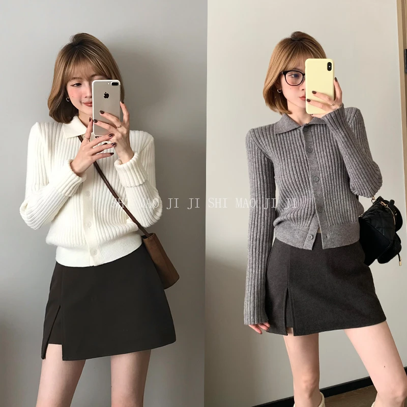 Moses Queen/魔西女王灰色polo领针织衫女百搭修身小香风翻领毛衣