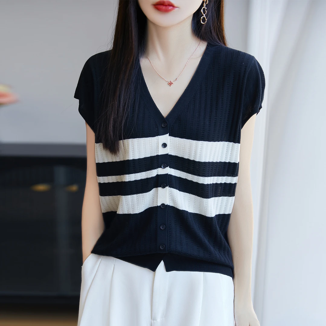 卡莱娜缇正品夏季新款法式撞色V领条纹落肩时尚薄短袖针织开衫女