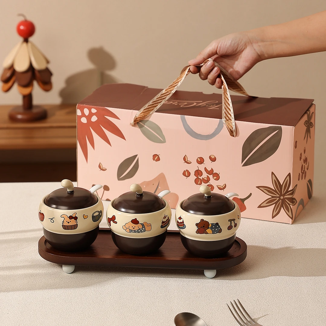 高颜值调味罐陶瓷调料盒套装带托盘家用厨房收纳盒佐料味精盐罐子